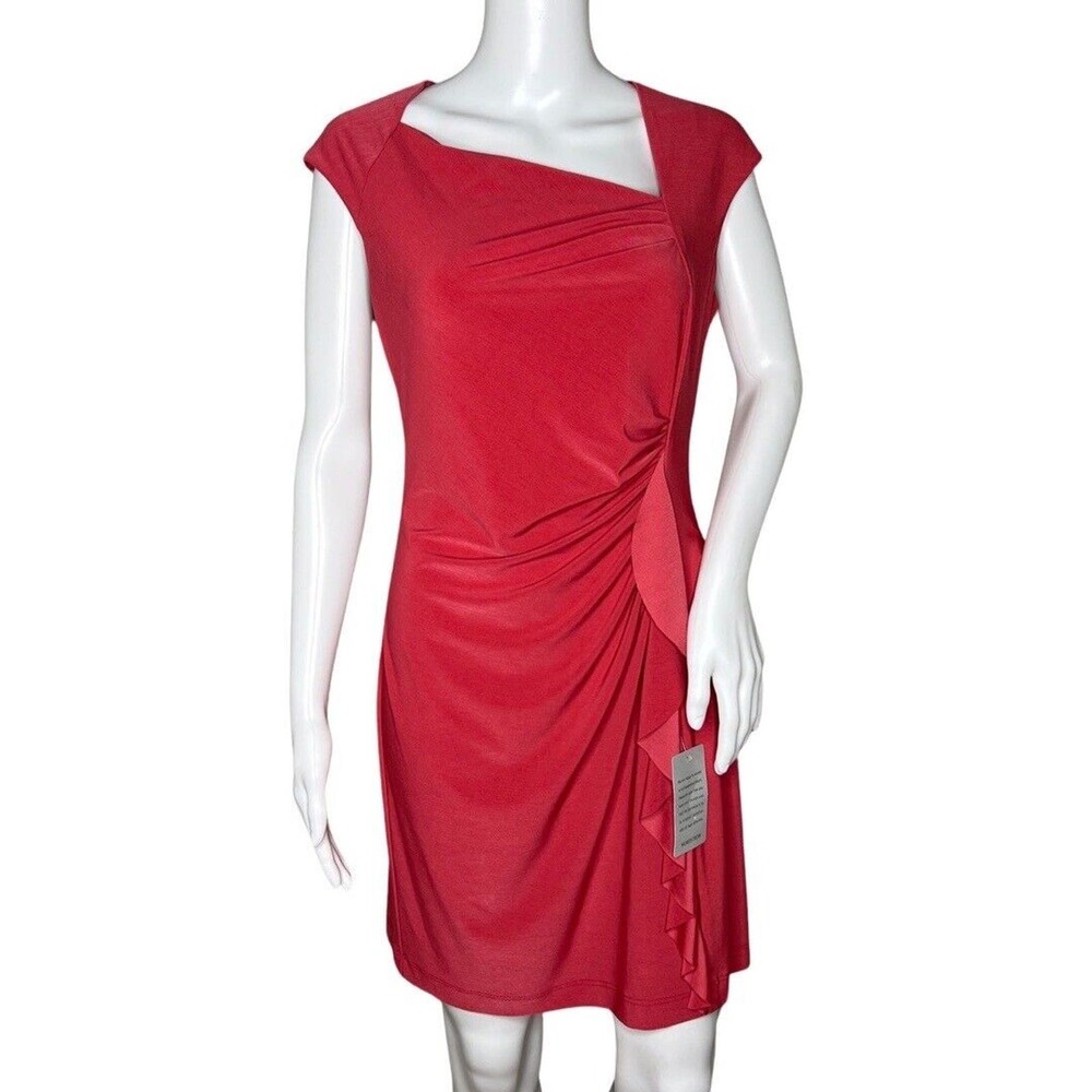 Komarov Dress Womens Medium Petite Pink Sheath Ruffle Classic Preppy Business